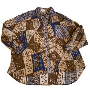 VTG Audrey Jones Beaded  Boho Tribal Print Brown & Blue Oversized Button Up 1X